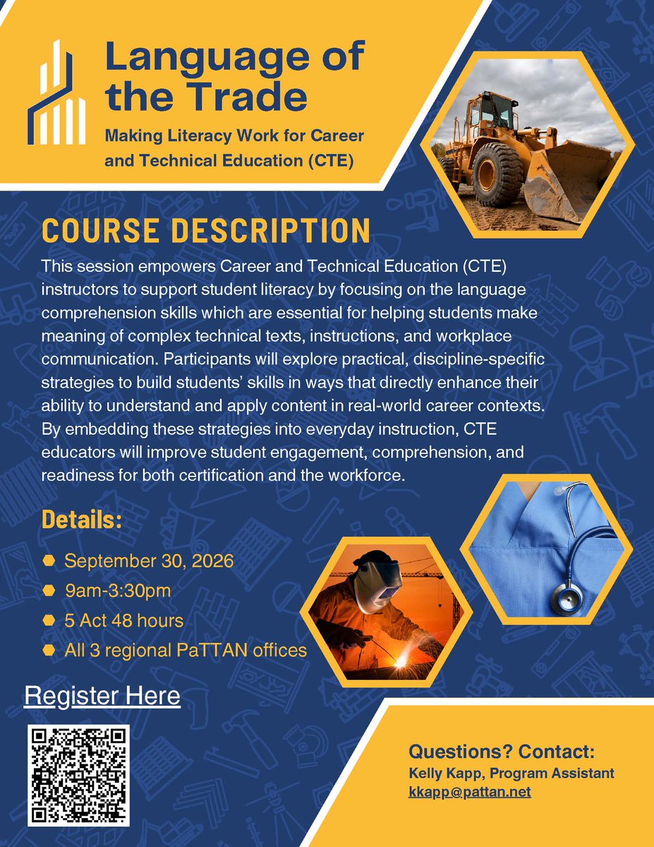 pattanupdates's tweet photo. 📣Calling all CTEs! The Language of the Trade: Making Literacy Work for #CTE session is now open for enrollment 🚧 

Earn #Act48 hours while learning strategies to help students! 💪

📆Wed, Sept 30
🕓9 AM – 3:30 PM
📍All 3 Regional PaTTAN Offices
🔗https://t.co/2SqoUykXpU https://t.co/fsEv3rkd3n