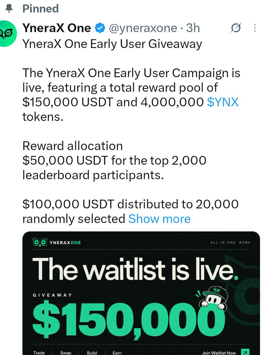 kopX_drop's tweet photo. 🎁 YneraxOne Waitlist is LIVE!

💰 $5 USDT + YNX Token

🏆 20,000 winners

How to join: 
1️⃣ Connect Google or X account
2️⃣ complete simple task + Submit wallet.
3️⃣ Done ✅
🔗 Join here: https://t.co/YZ21lV4I0e

🪂 Don’t miss the waitlist!

You can check details here @yneraxone https://t.co/T43PPOY1l9