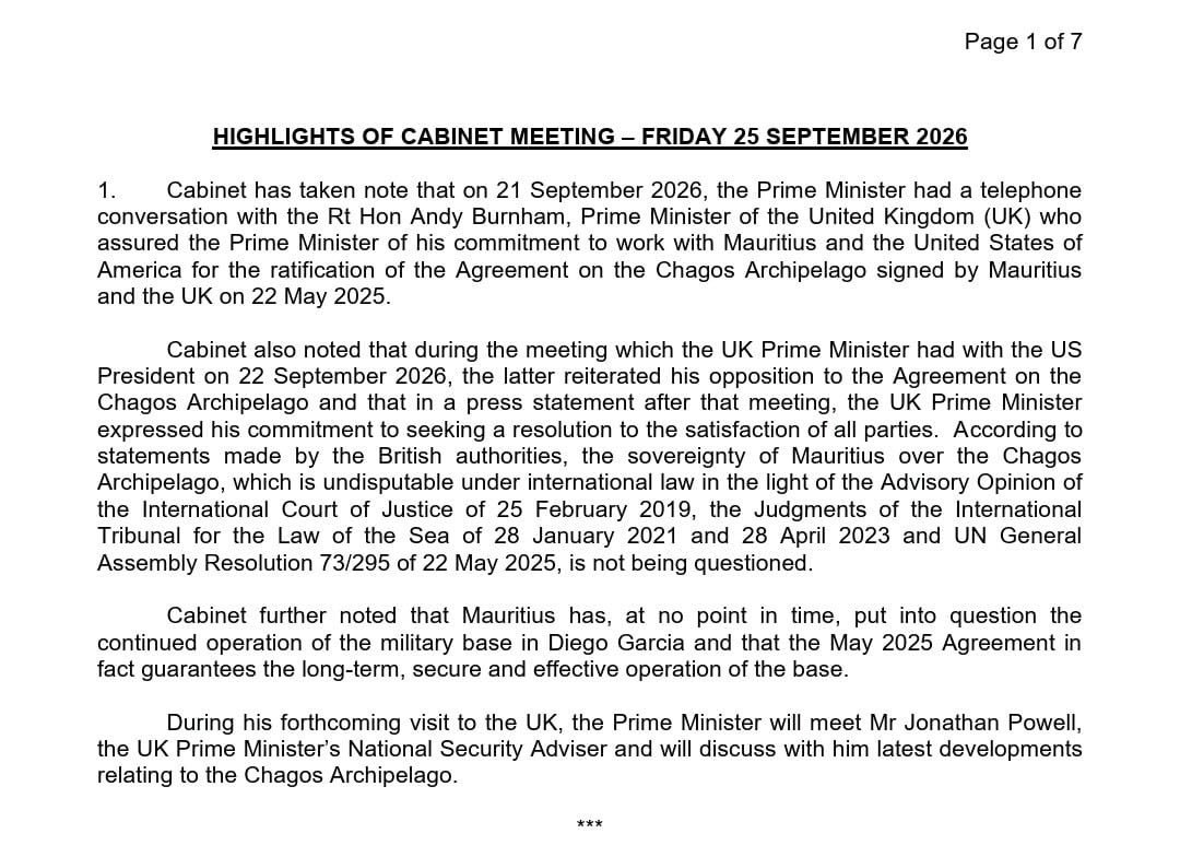pritipatel's tweet photo. Today the PM of Mauritius confirmed to his Cabinet that Andy Burnham reaffirmed Labour's commitment to surrender the Chagos Islands and pay Mauritius billions to do so. He also confirmed that the National Security Adviser Jonathan Powell - a man who operates in secret and with no public accountability - is meeting him shortly. We need Labour to come clean on what these negotiations will cover, if Labour will be paying Mauritius while President Trump objects, and what their plan is. The best thing to do is tear up the surrender treaty, but white flag waving Burnham won't do this.