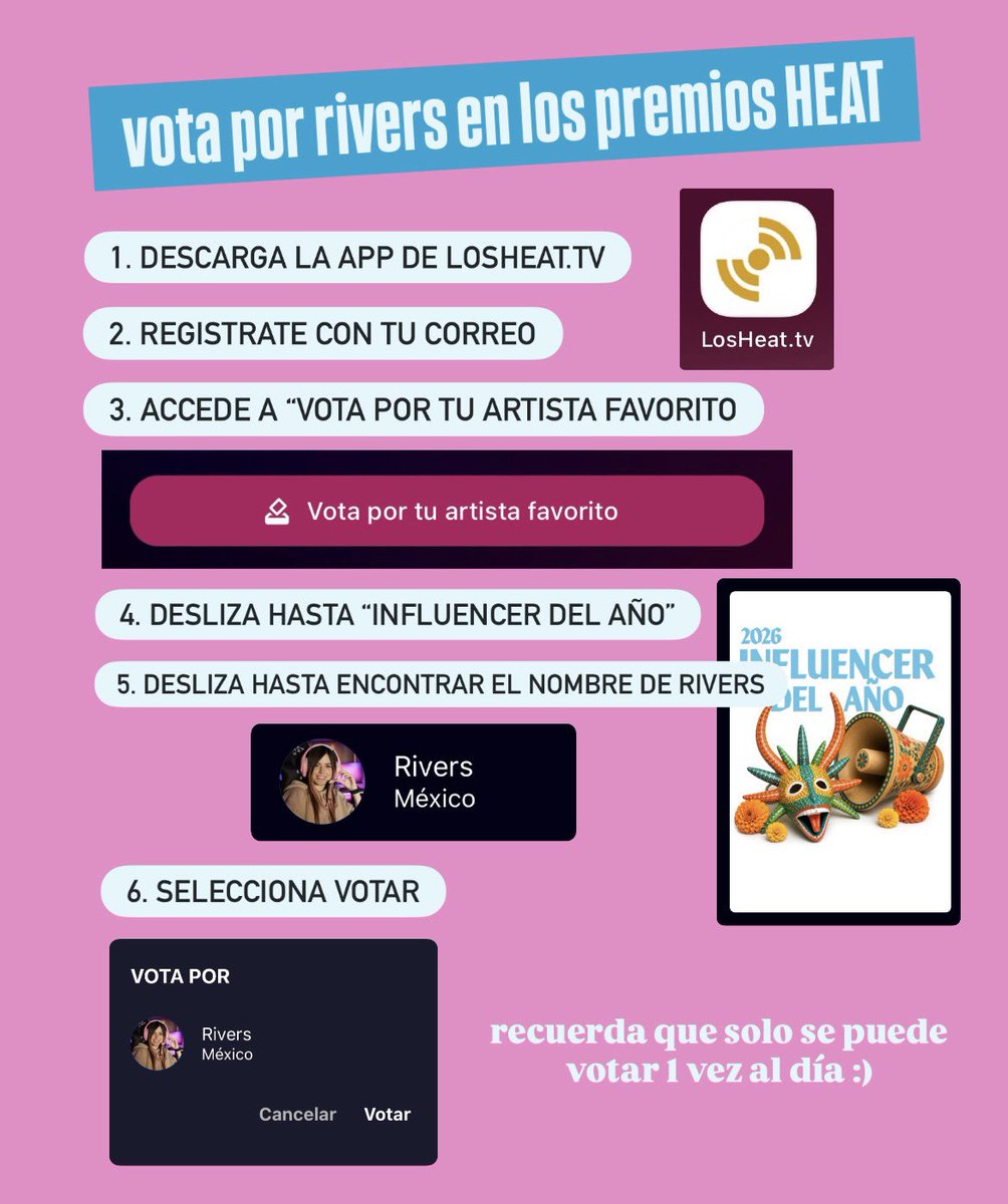 forbreakhouse's tweet photo. LOCOOOO rivers está nominada a los premios heat en “influencer del año” y está participando con gente muy top así que sería lindo que gane ésta categoría.
aquí un mini tutorial de cómo votar por ella, se puede votar una vez por día hasta el 15 de octubre así que vayan a dejar su voto de hoy!

- la app está disponible en android y ios :)