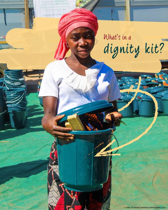 A woman holding a dignity kit with the caption "What's in a dignity kit?"