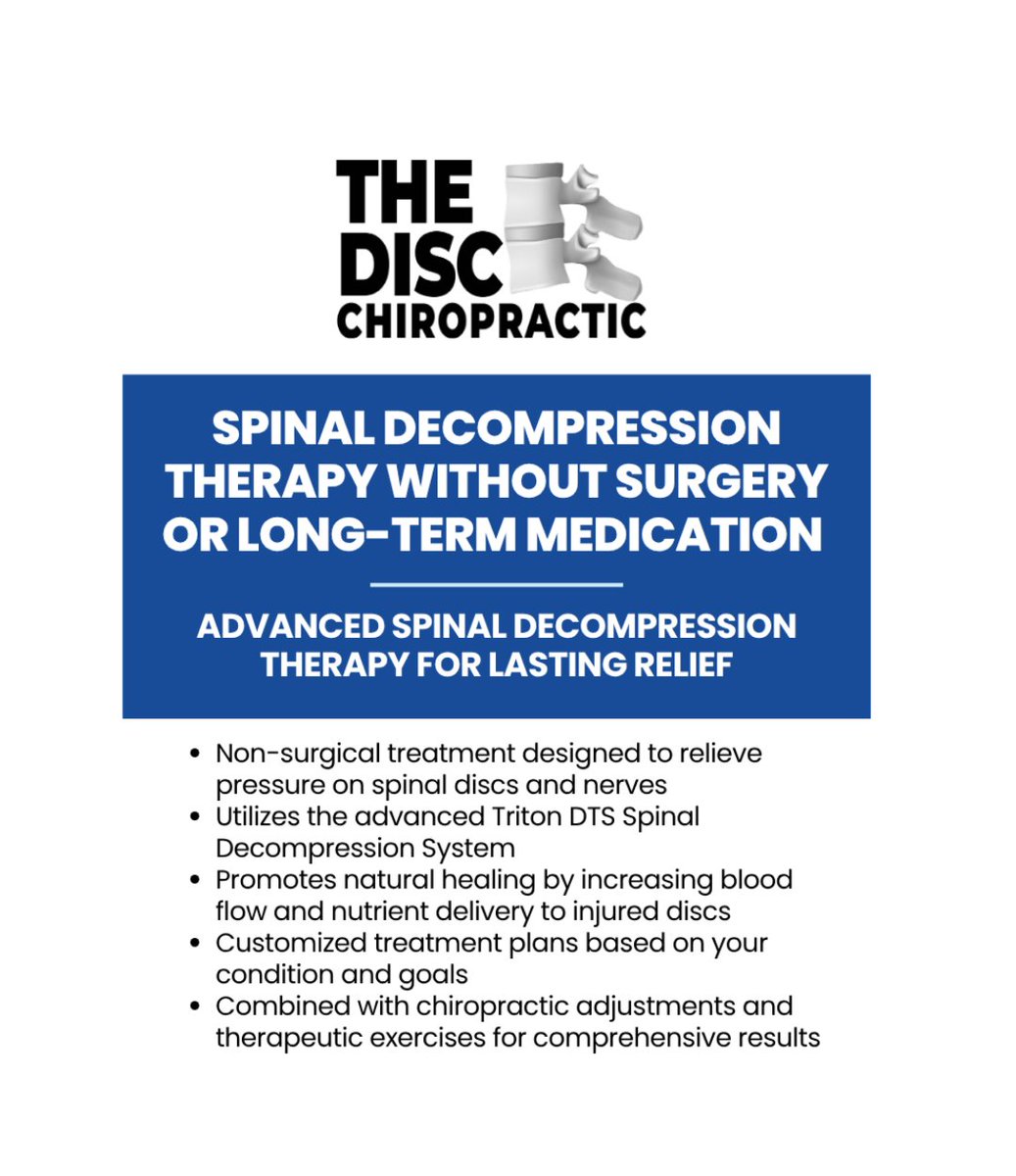 TheDiscChiro's tweet photo. Struggling with back or neck pain? Our non-surgical spinal decompression therapy with the Triton DTS system relieves pressure on your discs and nerves, with no surgery or long-term medication. 💙

👉 Book today: https://t.co/iK91xpuAFU

#SpinalDecompression #TheDiscChiropractic https://t.co/zJKz9Dfd1i