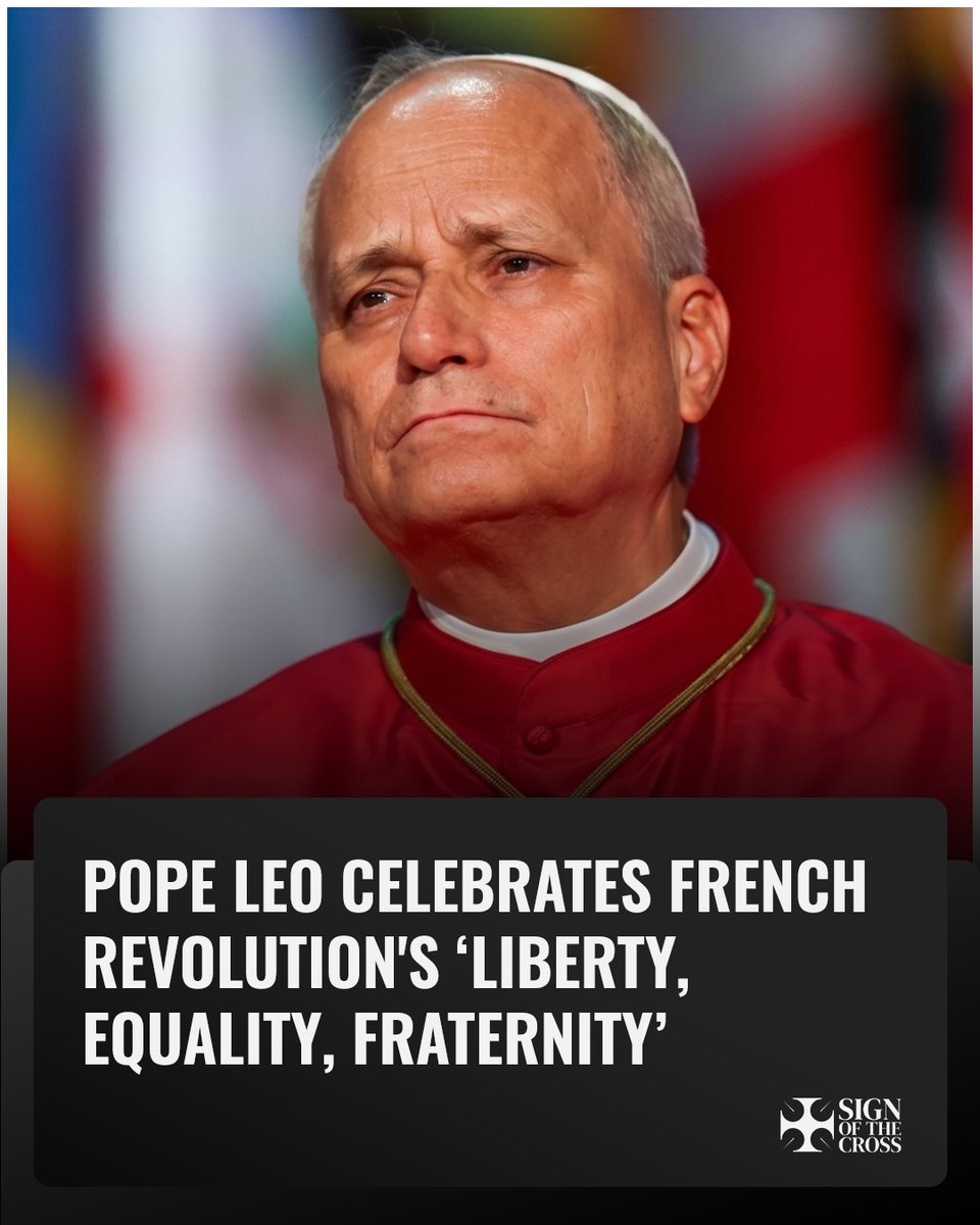 CatholicSOTC's tweet photo. Pope Leo praises French Revolution's Masonic motto of liberty, equality, and fraternity, claiming it is inspired and fulfilled by the Gospel message.

"Liberty, equality and fraternity are not simply words emblazoned on the front of your public buildings; they refer to universal ethical imperatives that also find in the Gospel message an inexhaustible source of inspiration and fulfillment."

https://t.co/U5FgzD2MzM