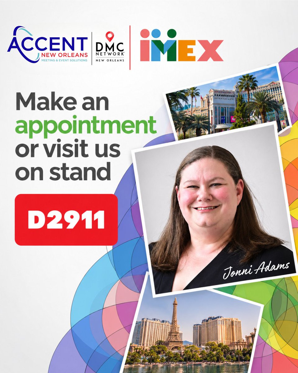 accentdmc's tweet photo. Jonni’s taking the show on the road. Next stop, Vegas.

She’s headed to #IMEX2026 with the DMC Network, LLC crew, Oct. 13–15. If you’re there, swing by Stand D2911 and say hi.

📩 jadams@accent-dmc.com
📞 (504) 524-1227

#IMEX @IMEX_Group https://t.co/sOPhctvfYb