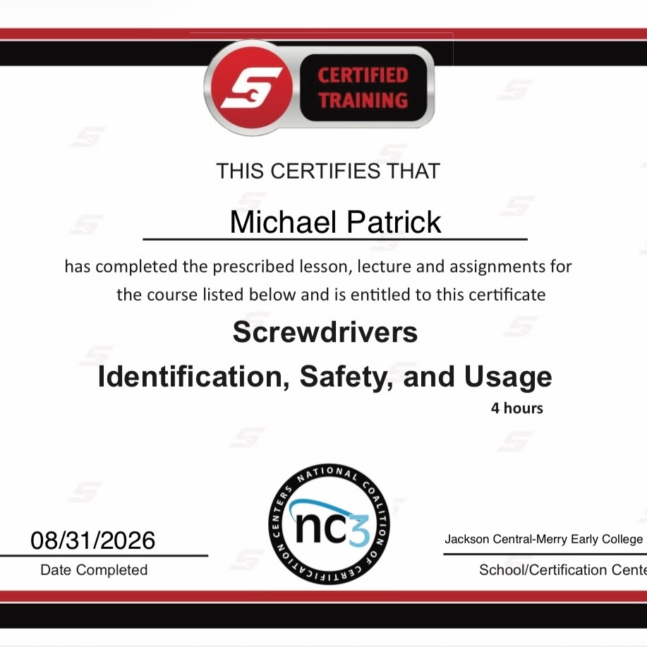 Workforce_JMCSS's tweet photo. Michael Patrick is the first WDC student to complete FIVE @NC3skills Snap-On Hand Tool Identification and Safety Certifications! Congratulations, Michael! #WorkforceReady @JMCSSInnovation https://t.co/UALBV2ue2Y