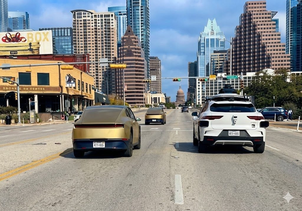 zachware's tweet photo. Imagine being a Waymo, with all of your protrusions and cameras and such, pulling up to an intersection next to a sleek Cybercab with no steering wheel. I would be so embarassed. https://t.co/cMNr0luaKy