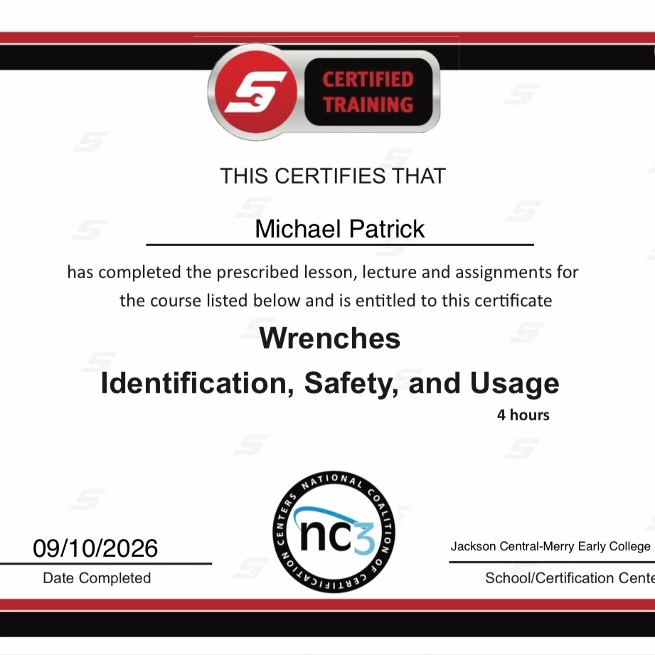 Workforce_JMCSS's tweet photo. Michael Patrick is the first WDC student to complete FIVE @NC3skills Snap-On Hand Tool Identification and Safety Certifications! Congratulations, Michael! #WorkforceReady @JMCSSInnovation https://t.co/UALBV2ue2Y