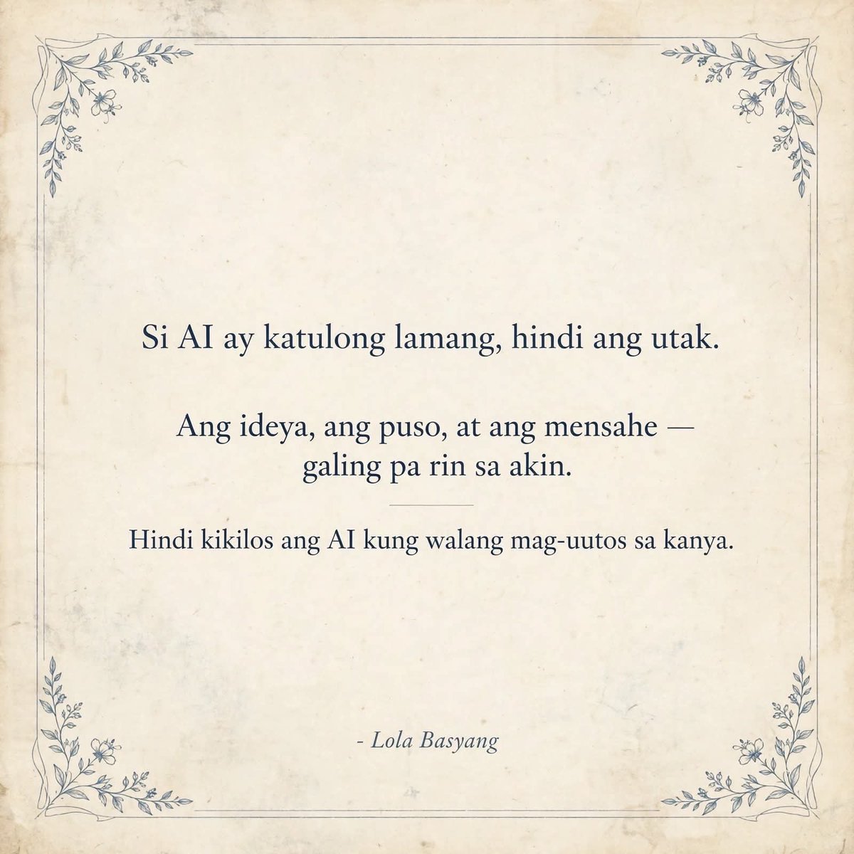 LouveniaSwxt's tweet photo. May nagsabing hindi raw original ang content kapag gumagamit ng AI. Linawin ko: kasangkapan lang si AI—parang lapis, Canva, o editor. Ang ideya, konteksto, diwa, at mensahe? Galing pa rin kay Lola Basyang. https://t.co/yMv1oh82AP