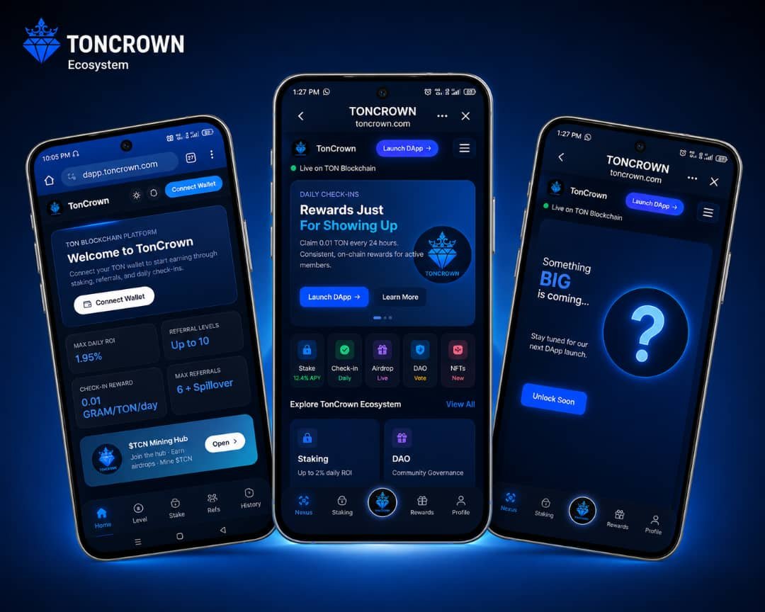 Toncrown_Defii's tweet photo. Welcome to the TONCROWN Ecosystem

Where utility meets a community-first protocol.

TONCROWN is building more than a platform; We’re building an ecosystem designed around utility, innovation, and community participation.

🚀 Our first utility is already live.
The AI-Optimized Staking DApp is live, with users already exploring its opportunities and participating in the growing ecosystem.

But this is only the beginning.

Behind the scenes, the TONCROWN team, developers, and thinkers are actively building, testing, and refining new ideas designed to bring more utility, more innovation, and more value to the ecosystem.

One ecosystem. Multiple utilities. Community at the core.

https://t.co/dwn1Iyo0WY

https://t.co/l91WmRJRwN