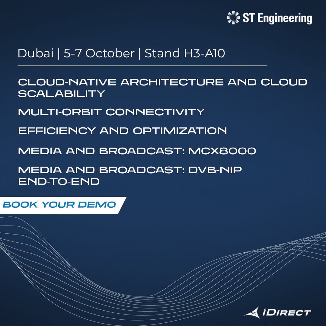 iDirect's tweet photo. We're bringing the future of satellite communications to Dubai

Catch our live demos below in action during @satexpome x @CABSATofficial and connect with our experts to learn how we’re driving innovation in #satcom: https://t.co/9fTLfBAwvf

#STEngineering #CABSAT2026 #Innovation https://t.co/CzXjA6hXDq