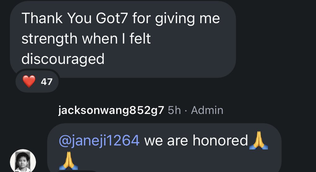 GotJiaerx's tweet photo. Aww, Jackson’s response to a comment on his ig channel 🥺

“Thank You Got7 for giving me strength when I felt discouraged”

Jackson: we are honoured  🙏🏽🙏🏽 https://t.co/ufVBKzfvgp