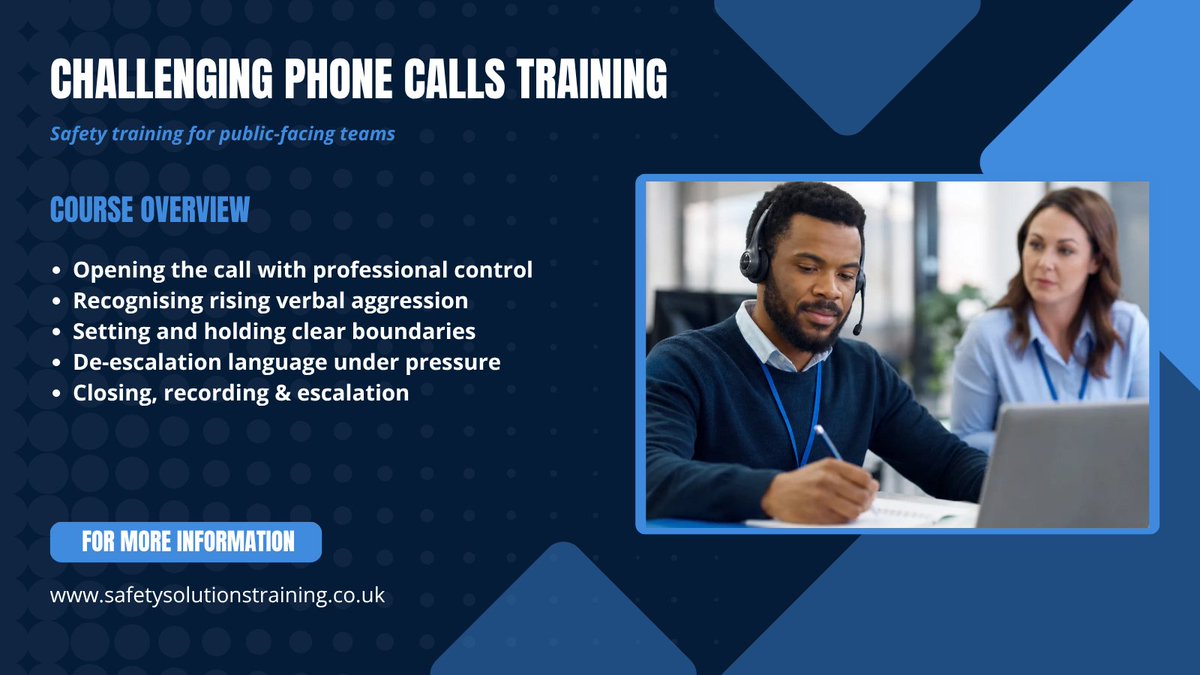 Safety_Sol_'s tweet photo. Hostile telephony wears down even experienced staff. Challenging call training builds calm language, firm boundaries and safe hand-off.

https://t.co/D2rAbfkVwV https://t.co/T2nwKvltoa