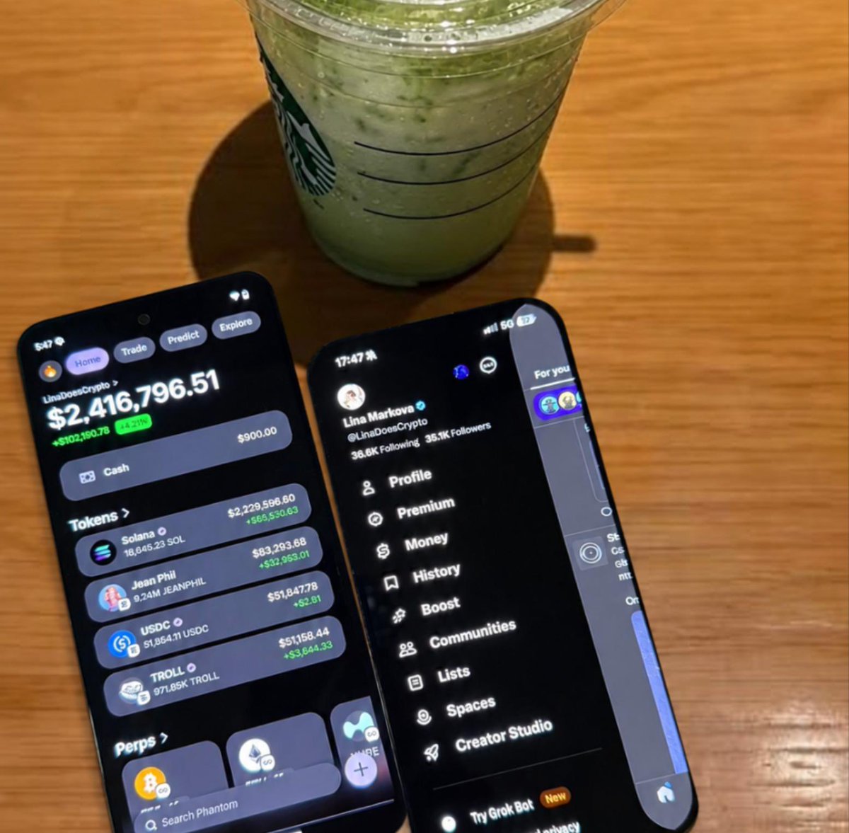 LinaDoesCrypto's tweet photo. Sipping my usual starbucks matcha and enjoying the easiest $100k I have ever made

green in the cup. green on the charts. life is good 🍵 https://t.co/lPaziXqkp5