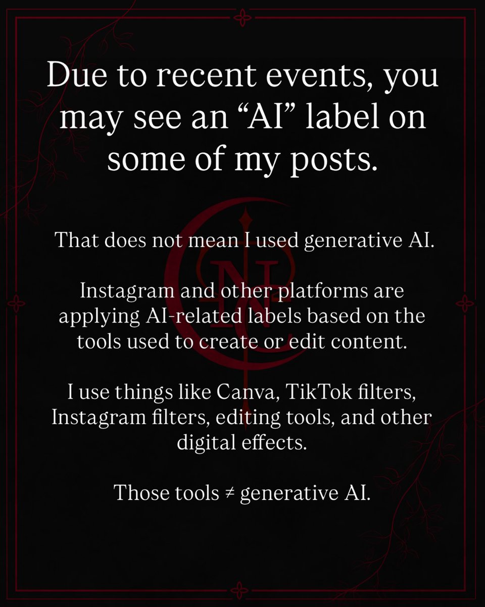 DarwinFranb0's tweet photo. If anything I post is labeled AI, Instagram is wrong. I use Canva, filters, editing tools, and digital effects—but never generative AI. I write and create my books, characters, worlds, scenes, stories, and materials myself. My AI Agreement is https://t.co/G1joRtJuwJ