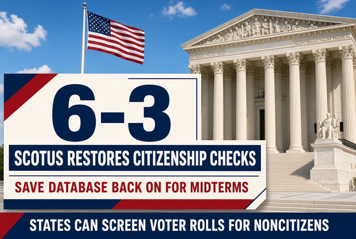 AinsworthKeith's tweet photo. 🚨BREAKING🚨

 6–3.

SCOTUS just put the citizenship database BACK ON.

States can screen voter rolls for noncitizens again.

They tried to shut it down before the midterms. The Court said no.

SAVE is live. 👇 https://t.co/nb0pdlT99Z