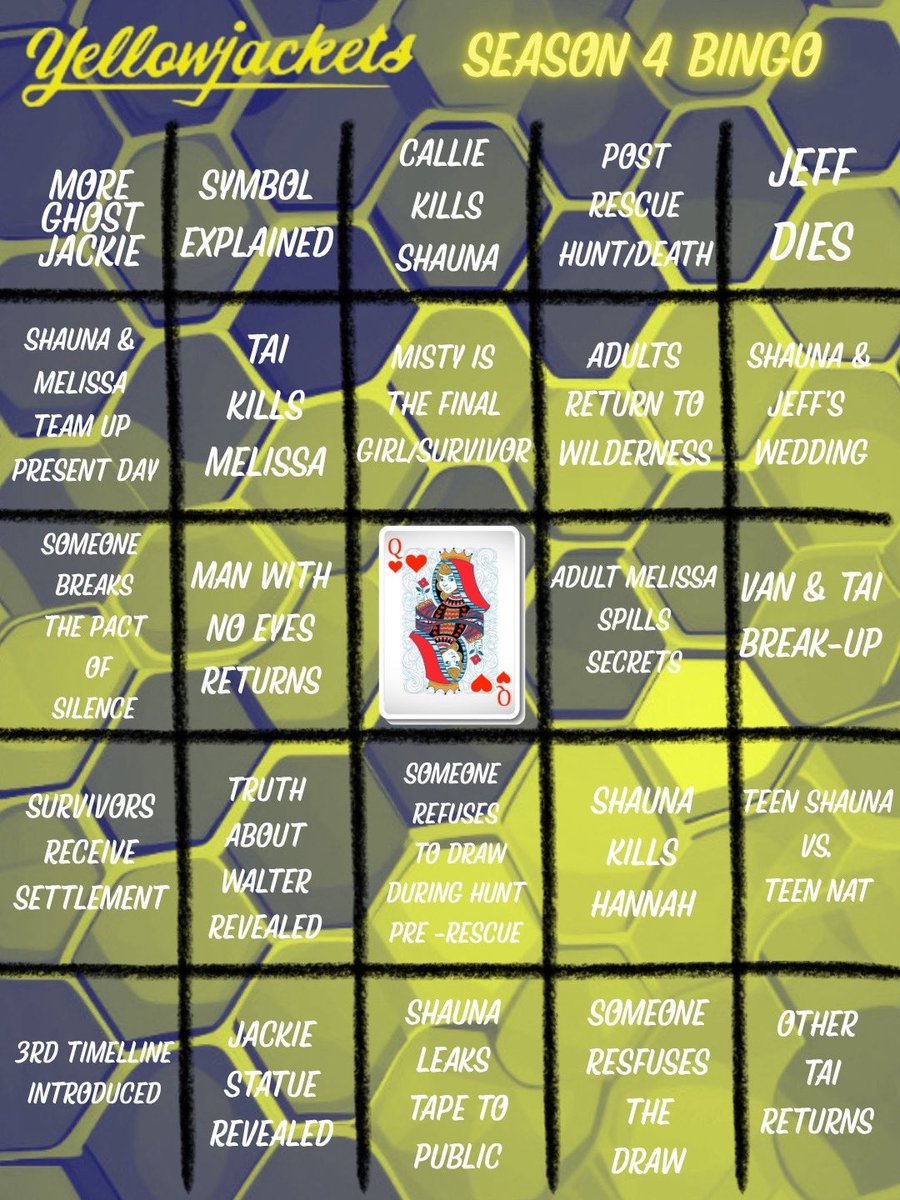 hiveafterdark's tweet photo. My #Yellowjackets Season 4 bingo card. What’s on YOUR final season bingo card?! 👀🐝 #bingo #finalseason https://t.co/jc6K6S63L5
