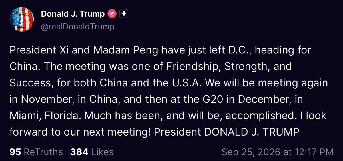 JesseCohenInv's tweet photo. 🇺🇸🇨🇳 Trump: Xi's meeting was one of friendship, strength, and success. Will be meeting again in November, in China. https://t.co/ZQme9vuASY
