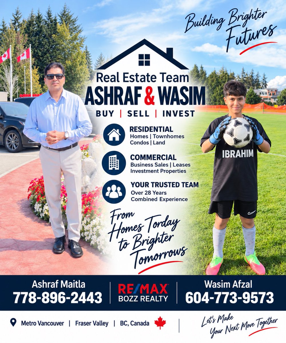 AshrafMaitla's tweet photo. Whether you’re planning to BUY, SELL or INVEST, having an experienced real estate team by your side can make the process clearer and smoother.

Real Estate Team — Ashraf & Wasim

🏠 Residential: Homes • Townhomes • Condos • Land

🏢 Commercial: Business Sales • Leases • Investment Properties

⭐ 28+ Years Combined Experience

Serving Metro Vancouver & Fraser Valley, BC 🇨🇦

📞 Ashraf Maitla: 778-896-2443
📞 Wasim Afzal: 604-773-9573
RE/MAX Bozz Realty