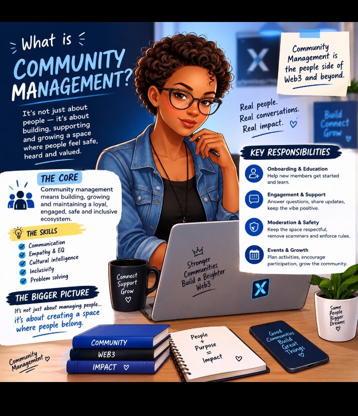 EImmaculat51907's tweet photo. My Study Role Journey -Day 2

Yesterday, I talked about COMMUNITY, right? 👀

They say a tree can’t make a forest.

That got me thinking…

A community can’t stand strong if there are no people willing to build, manage, support, guide and grow it.

And that’s where my interest in Community Management comes in. 

Some of you might be wondering:

“Imma 🩵, what exactly is this Community Management you chose?”

Shey you 🫵 there 😹
Abi no be you dey wonder? 😜

Okay, let me clear the confusion. 👇

So, what is Community Management?

Community management is basically about building and maintaining relationships between a project and its community.

It’s not just replying “GM” every morning. 😂

It’s about making people feel welcomed, heard, informed and safe while helping the community grow.

And in Web3, this can be a very important role because communities are often the heart of a project.

Some roles of a Community Manager include:

→ Welcoming and onboarding new members
→ Answering questions and guiding people
→ Sharing important updates and information
→ Managing Discord, Telegram or other community platforms
→ Keeping conversations active and meaningful
→ Organising AMAs, events and community activities
→ Listening to community feedback
→ Helping resolve conflicts and misunderstandings
→ Watching out for scammers, spam and harmful activities
→ Creating an environment where people can connect and contribute

But beyond all these tasks…

I think a good Community Manager needs something deeper:

Communication.
Patience.
Empathy.
Consistency.
And a genuine interest in people.

Because you’re not managing numbers.
You’re managing PEOPLE.
And that’s what makes this role interesting to me.

I’m still learning, still observing, still building.

Day 2 of my study role journey. 🩵

Tomorrow, we learn again