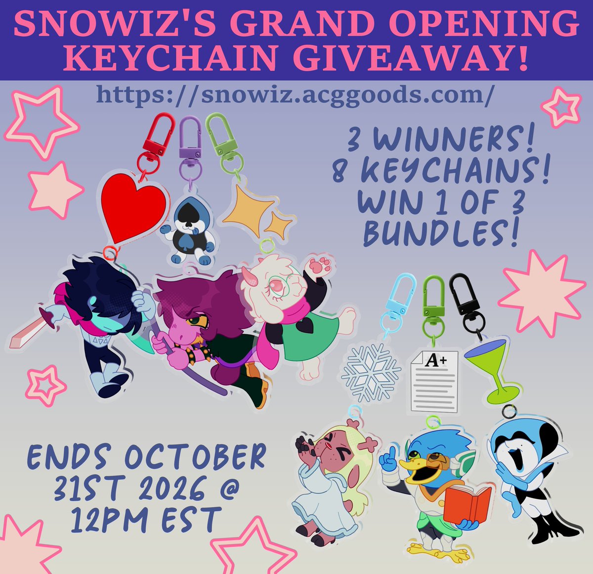 aroswellgrey's tweet photo. ✨GIVEAWAY!🌟
To celebrate the grand opening of my ACGGOODS shop, I'm giving away a full set of my Deltarune connection keychains for FREE, YAY! X)
There will be 3 winners, more info on the post.

RULES BELOW ⬇️
🔗 Shop Link : https://t.co/ahj9Q0gpro https://t.co/xYUtxFSuR5