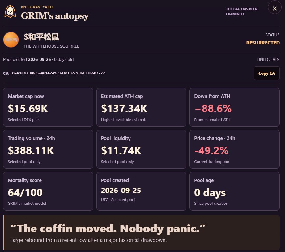 BNBGraveyard's tweet photo. $和平松鼠 is RESURRECTED. GRIM checked the pulse and somehow this one crawled back out of the grave

MC: $15.69K 
Mortality: 64/100
Est. ATH cap: $137.34K
CA: 
0x49f78e80a5a4814742c9d30f97e2dbfffb607777 https://t.co/BMeI3tUB5l