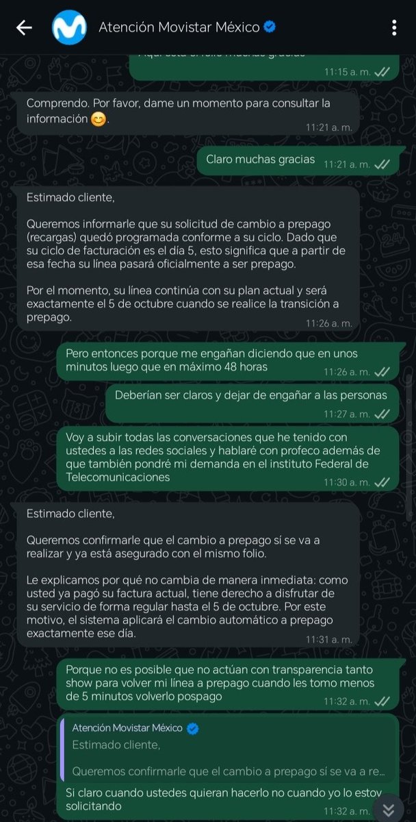 GGMA90's tweet photo. Pésimo servicio @MovistarMX. Llevo más de una semana pidiendo mi cambio a prepago. Me prometieron que quedaba en minutos, luego en 48 hrs y ahora dicen que hasta el día 5 (obvio para cobrarme otro mes). Exijo solución ya. @Profeco @IFT_MX #Profeco #Movistar https://t.co/fg6Dilejy4