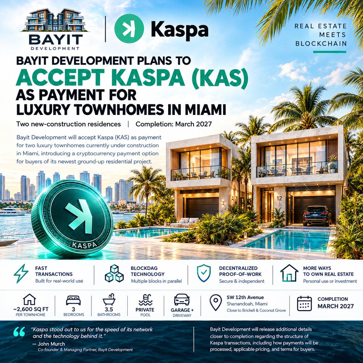 Manohar_Malagi's tweet photo. Bayit Development a Miami based real estate development and investment company plans to accept $KAS for its luxury townhomes in Miami ๐.
#KAS
Source: https://t.co/C13QSLduH6
https://t.co/MjmA5GvfXD https://t.co/pj0TMz7ut3