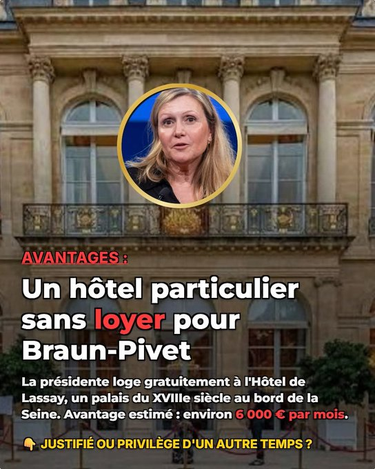 Forhalinton's tweet photo. 🇫🇷🚨 Braun-Pivet logée gratuitement à l'Hôtel de Lassay. 6 000 € par mois d'avantage. Pendant que les Français galèrent, elle vit aux frais de la République. Privilège d'un autre temps. Une honte. https://t.co/tFTJ4FWCIX