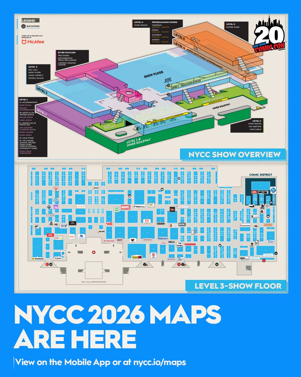 NY_Comic_Con's tweet photo. NYCC 2026 maps are here 💥  

View them on the NYCC Mobile App or download them at https://t.co/Vow6lnBdj9 to plan your show! 

We’re less than two weeks away from NYCC! Thursday and Sunday tickets are still available. Don’t miss our 20th Anniversary celebration: https://t.co/bGfHEghTqs 

Mobile App presented by McAfee