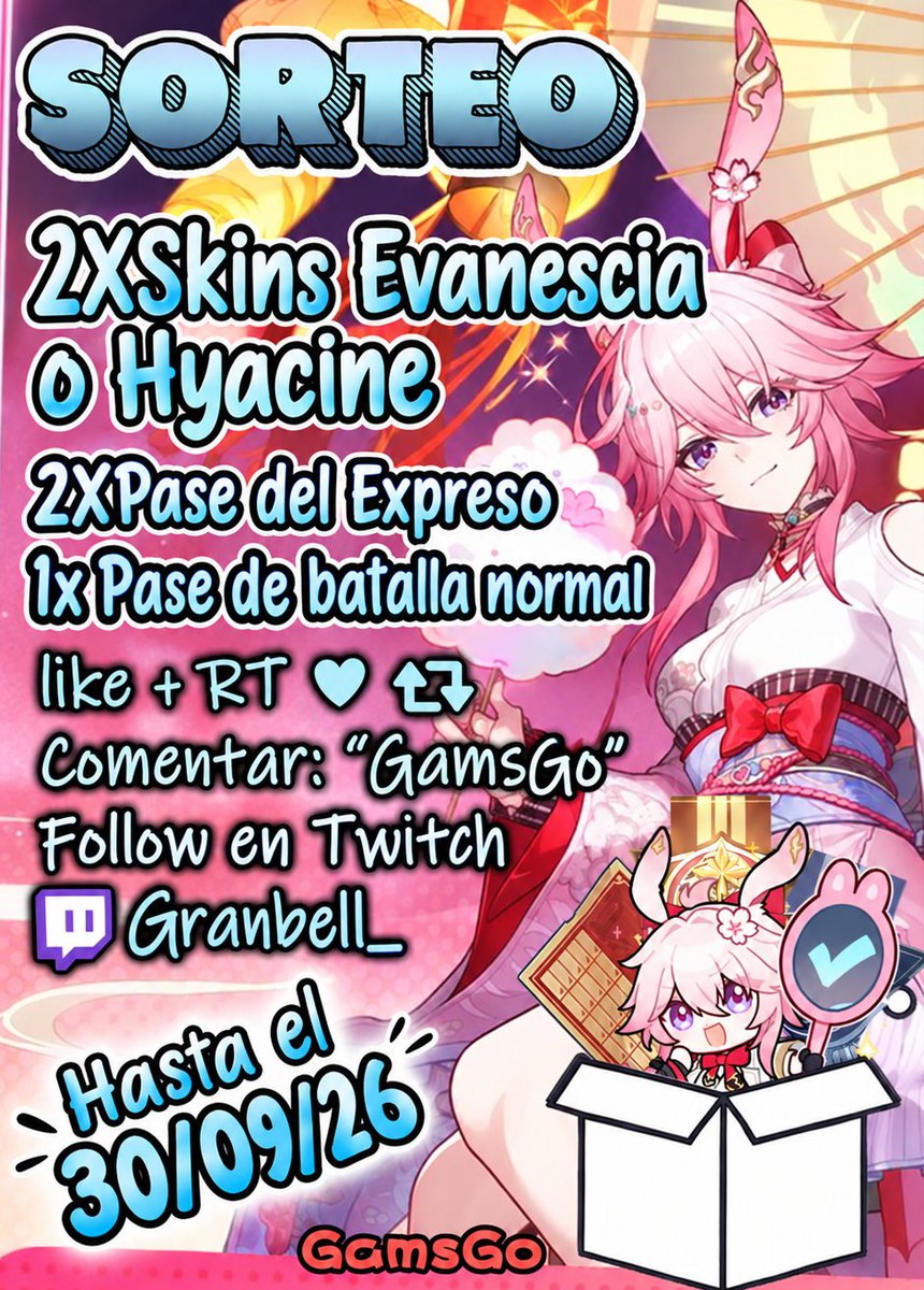Granbellx's tweet photo. 🌠¡SUPER SORTEO PATROCINADO POR GAMSGO!🌠

➡️2 skins de Hyacine o Evanescia, 1 pases de batalla normal y 2 pase del expreso. (PUEDE SER DE CUALQUIER GACHA MAINSTREAM)

⛔️REGLAS:

✅Seguirme en Twitter y seguirme en Twitch: Granbell_
✅RT y Like
✅Comentar Gamsgo

❤️Si eres Sub en mi canal de twitch tienes asegurado de participar el sorteo en ese caso para subs de una skin extra de una de las dos!

▶️Daremos los ganadores en mi canal de Twitch Granbell_ el día 30/09. ¡MUCHA SUERTEEEEEEEEEE!

#hsr #honkaistarrail #zzz #genshinimpact #wuwa #publi