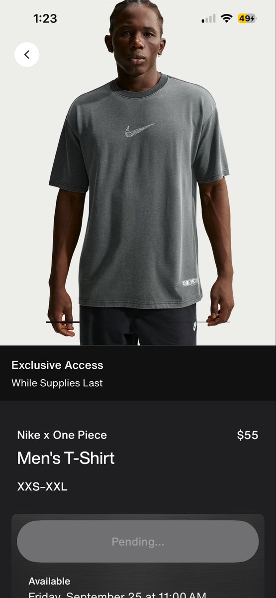 ThePackRatsTCG's tweet photo. @nikestore I tried to order a shirt from the one piece collection and it’s sitting on “pending” status for the last 25 mins.  My card was charged. Any advice? https://t.co/AmxM8fPBdA