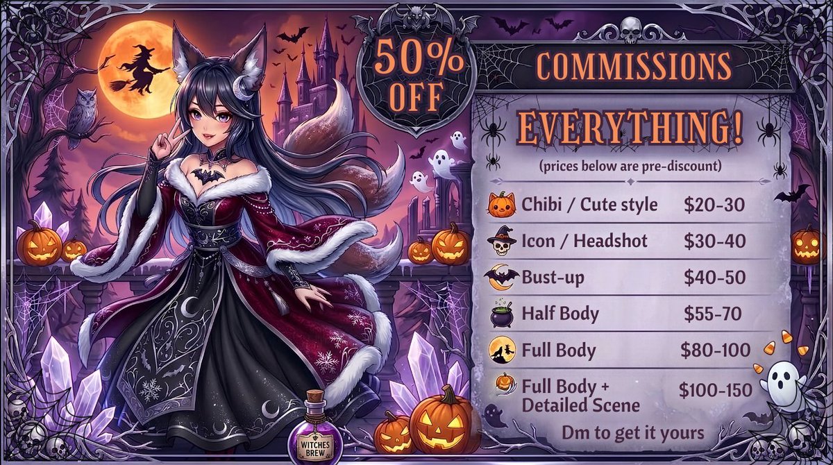 nakiri_aumi's tweet photo. HALLOWEEN COMMISSIONS — 50% OFF EVERYTHING.

Chibi to full body + detailed scene, all half price this season 
DM to claim your spot before the spell wears off.

#HalloweenCommissions #KitsuneArt #paidwork #Vtuber #CommissionsOpen https://t.co/JQ8MrV2kyg