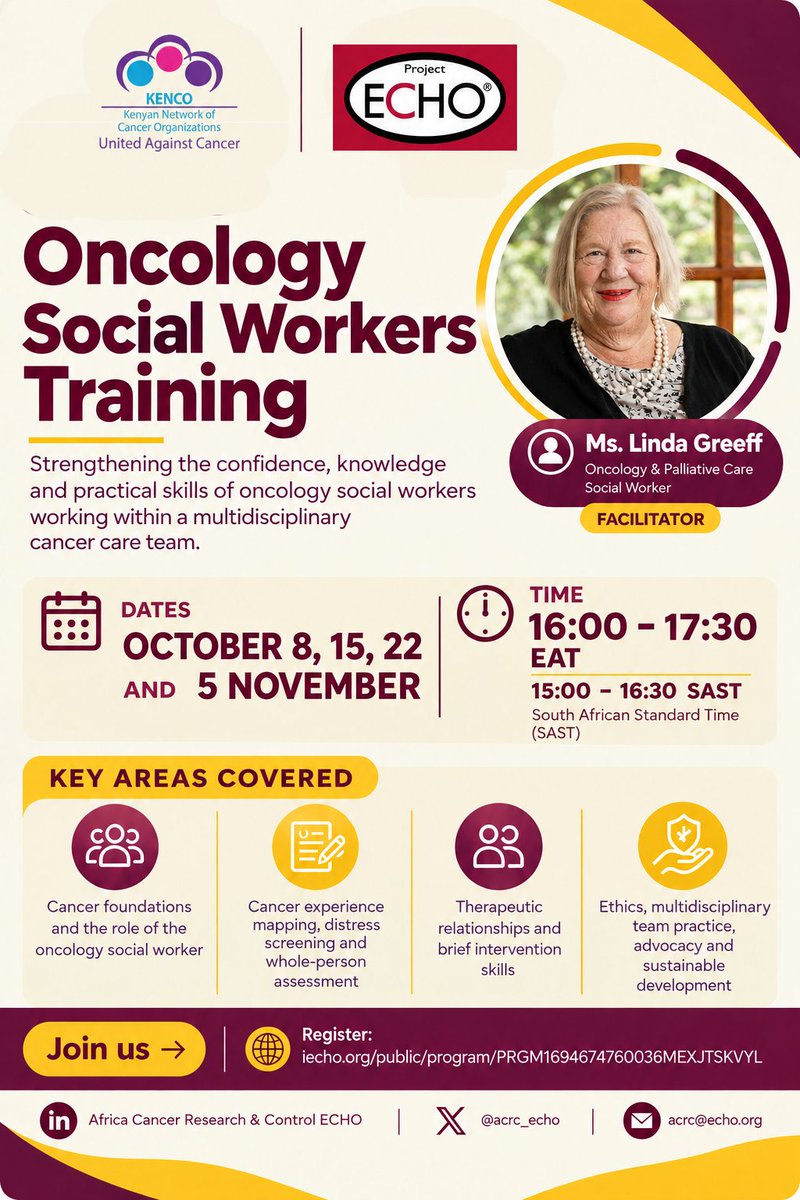 kenconetwork's tweet photo. Strengthening oncology social workers to provide compassionate, practical, and patient-centred support across the cancer journey.

📅 8, 15, 22 Oct &amp; 5 Nov | 🕓 16:00–17:30 EAT

👉 Register: https://t.co/NttH97Z6UO https://t.co/DcMSAK9mAW