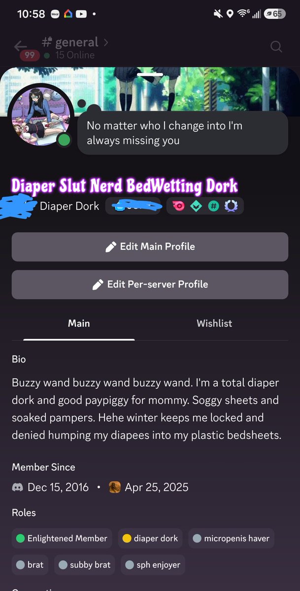 paddycakepaddyc's tweet photo. A friend gave my profile a makeover in their server and then made me sit in the server voice muted where anyone might notice gahdnnsjshshsg >///< she also had me humping my soggy diapers into my plastic bedsheets while she controlled my lovense buttplug during this so humiliating https://t.co/2ALMMVeBEn