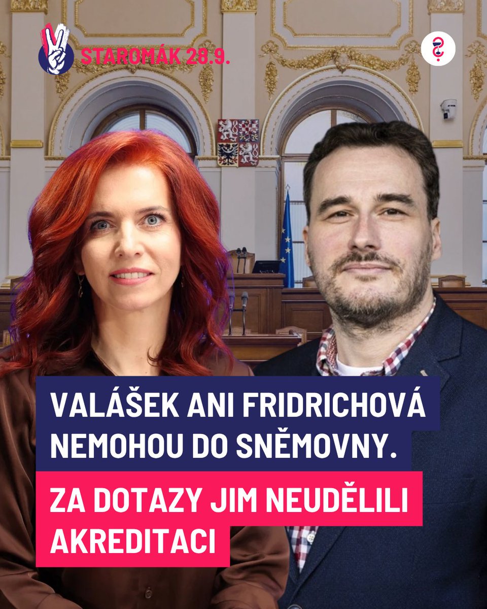 milionchvilek's tweet photo. Investigativním novinářům Lukáši Valáškovi (Seznam zprávy) a Noře Fridrichové byla zamezena možnost pracovat v Poslanecké sněmovně. Nová realita pod vedení Tomia Okamury? Když se politiků ptáte na tělo, jednoduše vám zakážou vstup. 🛑

Jak přesně vypadá nový osvědčený recept vládní koalice na umlčení novinářů? 👇

👉 LUKÁŠ VALÁŠEK: Ptal se šéfa poslanců SPD Radima Fialy na majetkové nejasnosti za desítky milionů a možné daňové úniky. Fiala před kamerou odcházel sněmovními chodbami a Valášek pokračoval za ním. Výsledek? 

Sněmovna mu odmítá udělit akreditaci až do konce října za porušení pravidel a „režimu ochrany objektu“. O tomto opatření se přitom on ani redakce nedozvěděli předem.

Když se pak reportérka Seznam Zpráv snažila zjistit stanovisko Tomia Okamury, odmítl věc komentovat. Jeho spolupracovnice následně začala Okamuru i reportérku natáčet právě v prostoru, kde to pravidla samotným novinářům nedovolují.

👉 NORA FRIDRICHOVÁ: Ptala se politiků Motoristů Filipa Turka a Oty Klempíře. Turka na původ jeho majetku, Klempíře mimo jiné na jeho dřívější výroky. 

Když politici pokračovali chodbami, šla s kamerou za nimi. Podle Fridrichové začalo natáčení Turka v povolené zóně a o několik metrů ji přesáhlo, Klempíře natáčela v přilehlé chodbě. Následoval zákaz vstupu do Sněmovny za „natáčení mimo povolené prostory“.
🤔Všimli jste si toho vzorce?

politik nechce pokračovat v rozhovoru ➔ novinář pokračuje za ním s kamerou ➔ opustí prostor vyhrazený pro natáčení ➔ Sněmovna omezí jeho další vstup.

Vedení Sněmovny má právo nastavit pravidla pro pohyb a natáčení médií. Stejně legitimní je ale ptát se, zda jsou tato pravidla přiměřená, uplatňovaná konzistentně a zda zbytečně neomezují možnost novinářů kontrolovat práci volených politiků.

A není to jediný letošní spor o přístup novinářů k politikům. Ministerstvo zahraničí například opakovaně neumožnilo účast novinářce Deníku N Zdislavě Pokorné na tiskové konference.

❗️Poslanecká sněmovna není soukromý klub Tomia Okamury, SPD a ani Motoristů. Poslanecká sněmovna je veřejná instituce. A možnost novinářů kontrolovat výkon veřejné moci a klást politikům i nepříjemné otázky je důležitou součástí jejich práce. 

Zdroj: https://t.co/hg6s2LKG1I