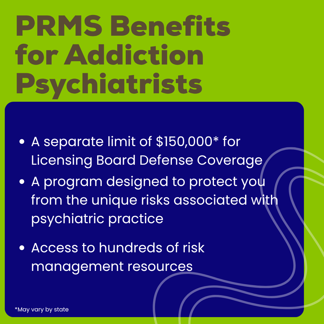 prms's tweet photo. PRMS understands the unique liability risks faced by addiction psychiatrists. Our policies come with features relevant to addiction specialists. Learn about our policies and access a complimentary resource on the risks of prescribing controlled substances: https://t.co/yKmNADSyYO https://t.co/PAFRvi1S2Z