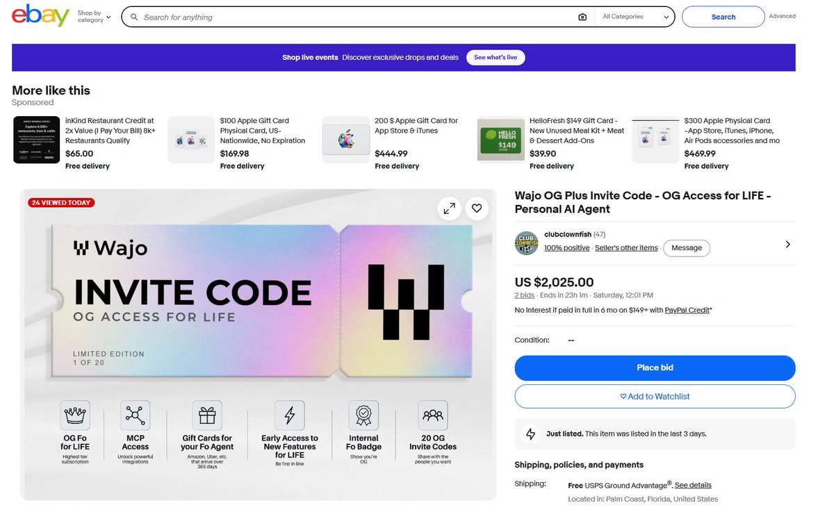 alitekintr's tweet photo. eBay’de biri, Wajo’nun yeni yapay zeka ajanı Fo’ya ömür boyu erken erişim hakkını açık artırmaya çıkarmış. Teklif şimdiden 2.000 dolara ulaştı.

Yapay zeka asistanlarının geldiği nokta gerçekten inanılmaz. Açık artırmayı kazanan kişi sadece bir chatbot’a değil, bir insan asistanın yapabileceklerinin çok ötesine geçen kişisel bir asistana ömür boyu erişim kazanacak.

Üstelik pakette affiliate rozeti, Amazon kredileri, 20 OG davet hakkı ve başka avantajlar da var.

Bakalım açık artırma kaça kadar çıkacak.