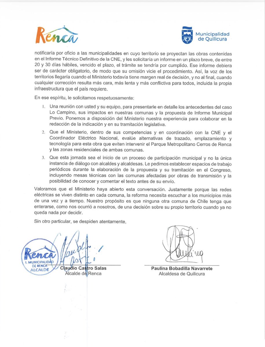 cn_castro's tweet photo. No nos oponemos a la energía que Chile necesita, pedimos el estándar que la misma empresa aplica en otras comunas. Proponemos un Informe Municipal Previo obligatorio antes de cada Decreto de Expansión, para que ninguna comuna se entere tarde de lo que pasa en su territorio. Aquí, como carta abierta 👇🏼
