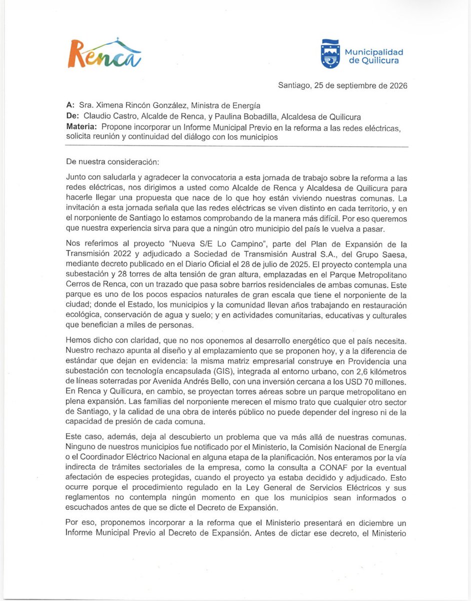 cn_castro's tweet photo. No nos oponemos a la energía que Chile necesita, pedimos el estándar que la misma empresa aplica en otras comunas. Proponemos un Informe Municipal Previo obligatorio antes de cada Decreto de Expansión, para que ninguna comuna se entere tarde de lo que pasa en su territorio. Aquí, como carta abierta 👇🏼
