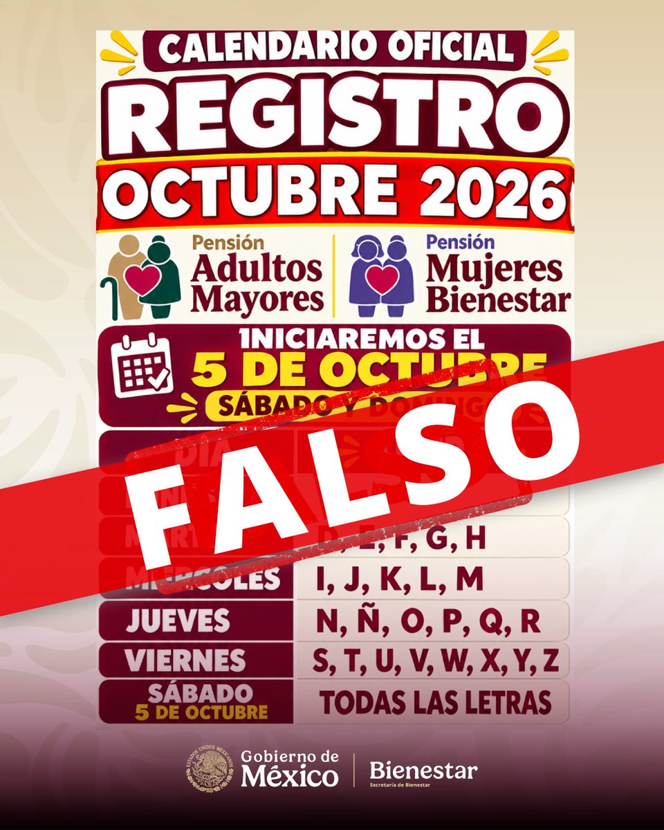 bienestarmx's tweet photo. 📢 ¡Infórmate por canales oficiales!

Las fechas de pago, registros, trámites y servicios de las Pensiones y Programas de Bienestar se publican únicamente en los canales oficiales de la Secretaría de Bienestar.

#VerificaAntesDeCompartir https://t.co/zB7gauE1Wk