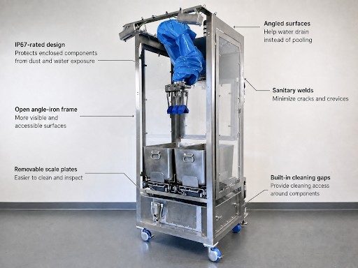ChefRobotics's tweet photo. Food manufacturers shouldn’t have to choose between automation and food safety.

Chef’s AI-enabled robots are designed specifically for food-production environments, where equipment must be easy to inspect, clean, and sanitize across frequent ingredient and SKU changeovers.

Our latest blog explains how Chef robots support food safety, sanitation, and allergen control through:

→ 𝗡𝗦𝗙-𝗰𝗲𝗿𝘁𝗶𝗳𝗶𝗲𝗱 𝗵𝗮𝗿𝗱𝘄𝗮𝗿𝗲: Chef’s robotic module C-001748 is certified under NSF/ANSI 169 — Special Purpose Food Equipment and Devices.

→ 𝗠𝗶𝗻𝗶𝗺𝗮𝗹 𝗳𝗼𝗼𝗱-𝗰𝗼𝗻𝘁𝗮𝗰𝘁 𝗽𝗼𝗶𝗻𝘁𝘀: Only Chef’s interchangeable utensils and stainless-steel hotel pans come into direct contact with ingredients.

→ 𝗙𝗼𝗼𝗱-𝘀𝗮𝗳𝗲 𝘂𝘁𝗲𝗻𝘀𝗶𝗹𝘀: Our utensils are made using 306 stainless steel and food-grade blue Delrin.

→ 𝗧𝗼𝗼𝗹-𝗳𝗿𝗲𝗲 𝗿𝗲𝗺𝗼𝘃𝗮𝗹: Line workers can remove and replace utensils without any tools in less than a minute and clean them in an industrial dishwasher.

→ 𝗦𝗮𝗻𝗶𝘁𝗮𝘁𝗶𝗼𝗻-𝗳𝗿𝗶𝗲𝗻𝗱𝗹𝘆 𝗰𝗼𝗻𝘀𝘁𝗿𝘂𝗰𝘁𝗶𝗼𝗻: An IP67-rated design, angled surfaces, sanitary welds, an open angle-iron frame, removable scale plates, and built-in cleaning gaps make our system straightforward to inspect and clean.

Read the full blog to learn how food safety and cleanability are built into every layer of Chef robots: https://t.co/5mbFo41nLl

#FoodSafety #FoodManufacturing #PhysicalAI #Automation #Foodsanitation