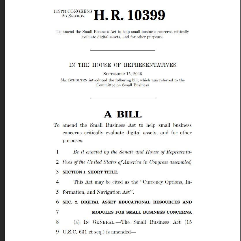 cryptodotnews's tweet photo. JUST IN: New U.S. House bill proposes crypto guidance for small businesses

The bill would help merchants understand crypto payments, including how to integrate them, handle taxes and improve security while potentially reducing payment fees. https://t.co/cc8mznft9m