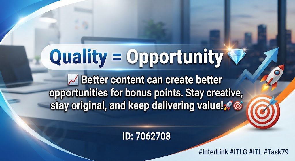 jacquesangaeu's tweet photo. Quality = Opportunity π
π Better content can create better opportunities for bonus points.
Stay creative, stay original, and keep delivering value! ππ―
#InterLink #ITLG #ITL #Task79 https://t.co/IbVOAfhBuH