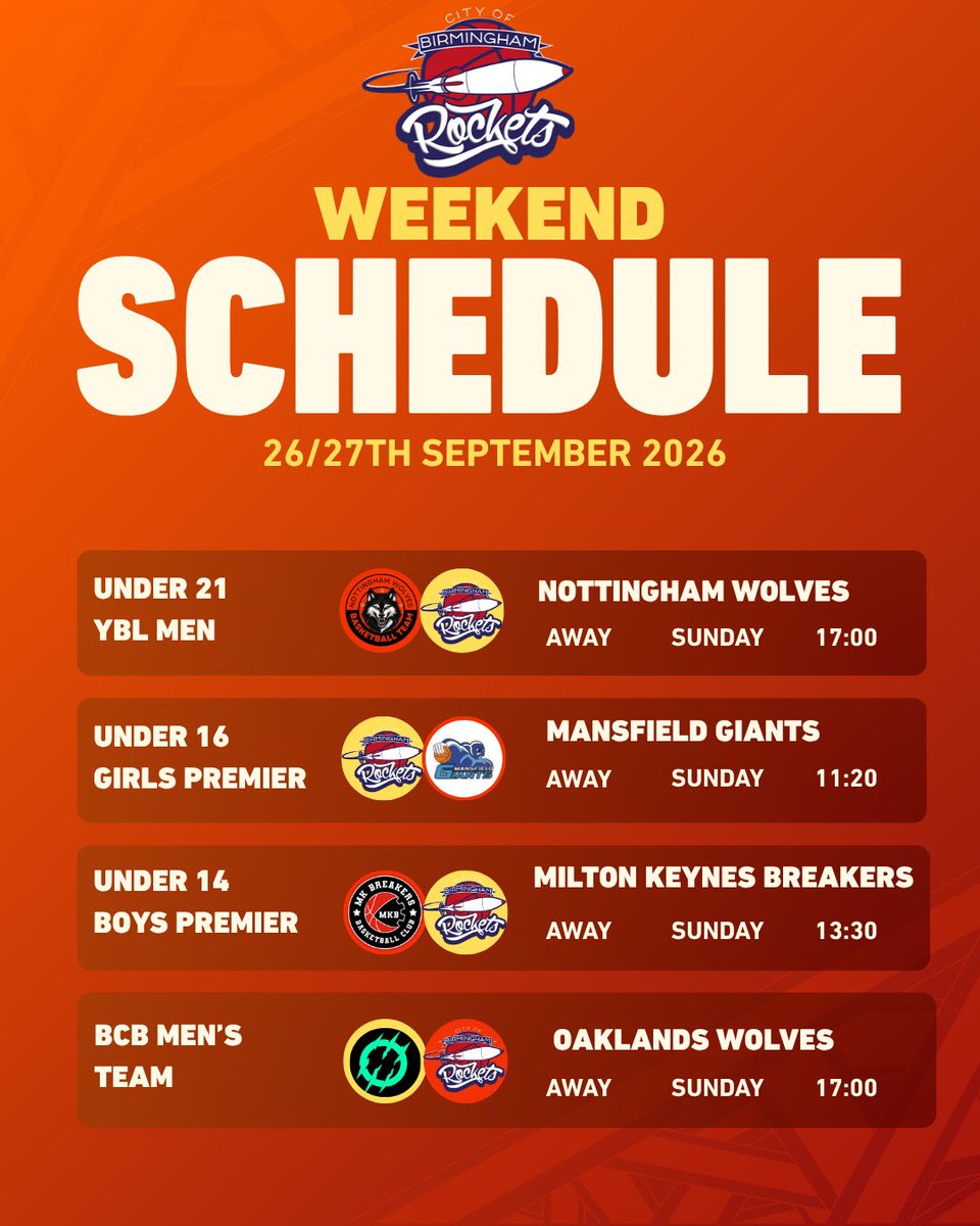cobrockets's tweet photo. 🚀 The weekend schedule for your Rockets teams!

Our Under 16 Girls Premier begin their National Cup campaign while our U21 Men begin their league season.

Let’s go Rockets! 🚀

#WeAreRockets https://t.co/DfMgbsNasc