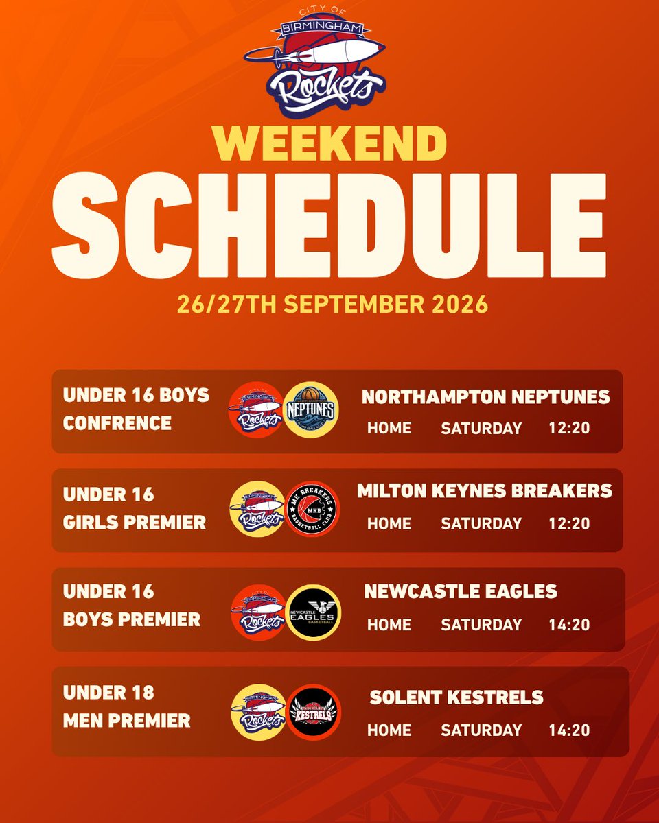cobrockets's tweet photo. 🚀 The weekend schedule for your Rockets teams!

Our Under 16 Girls Premier begin their National Cup campaign while our U21 Men begin their league season.

Let’s go Rockets! 🚀

#WeAreRockets https://t.co/DfMgbsNasc