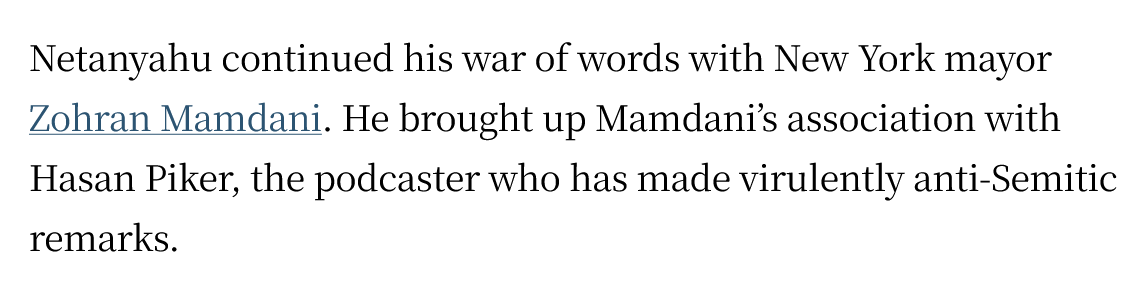 DanFinn95's tweet photo. Bizarre nonsense in the Irish Times article on Netanyahu's speech at the UN—the idea that Hasan Piker "has made virulently anti-Semitic remarks" was invented wholesale by a clique of Democrats who ardently support Netanyahu's genocidal regime. It has no place in a news report. https://t.co/3GzNcbCLAX