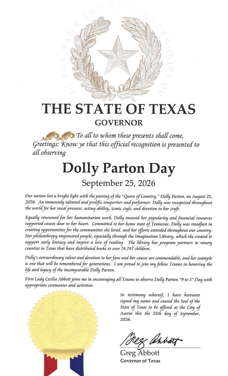 hollyshansen's tweet photo. In: : @GregAbbott_TX proclamation declaring today Dolly Parton day. https://t.co/Pnj88b4kko