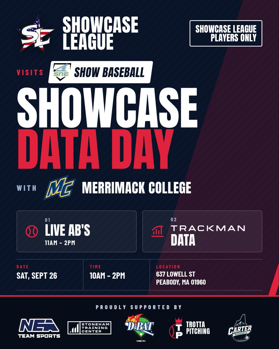 showcase_league's tweet photo. 🚨 SATURDAY PIVOT ���

Due to the incoming weather this weekend fields have been closed at @jwupvdbaseball . We will be PIVOTING to @ShowBBA for a SHOWCASE/DATA day with TRACKMAN  and @MerrimackBSB 

Warmups- 10-11am
LIVE AB’s- 11am-2pm

This event is open to ALL COLLEGES! 

#SHOWCASELeague #NoreasterStorm #rainraingoaway☔️💦 
@Dbatwoburn @nhteampurple @NHTeamBlack @MATeamNavy @CoachTrotta