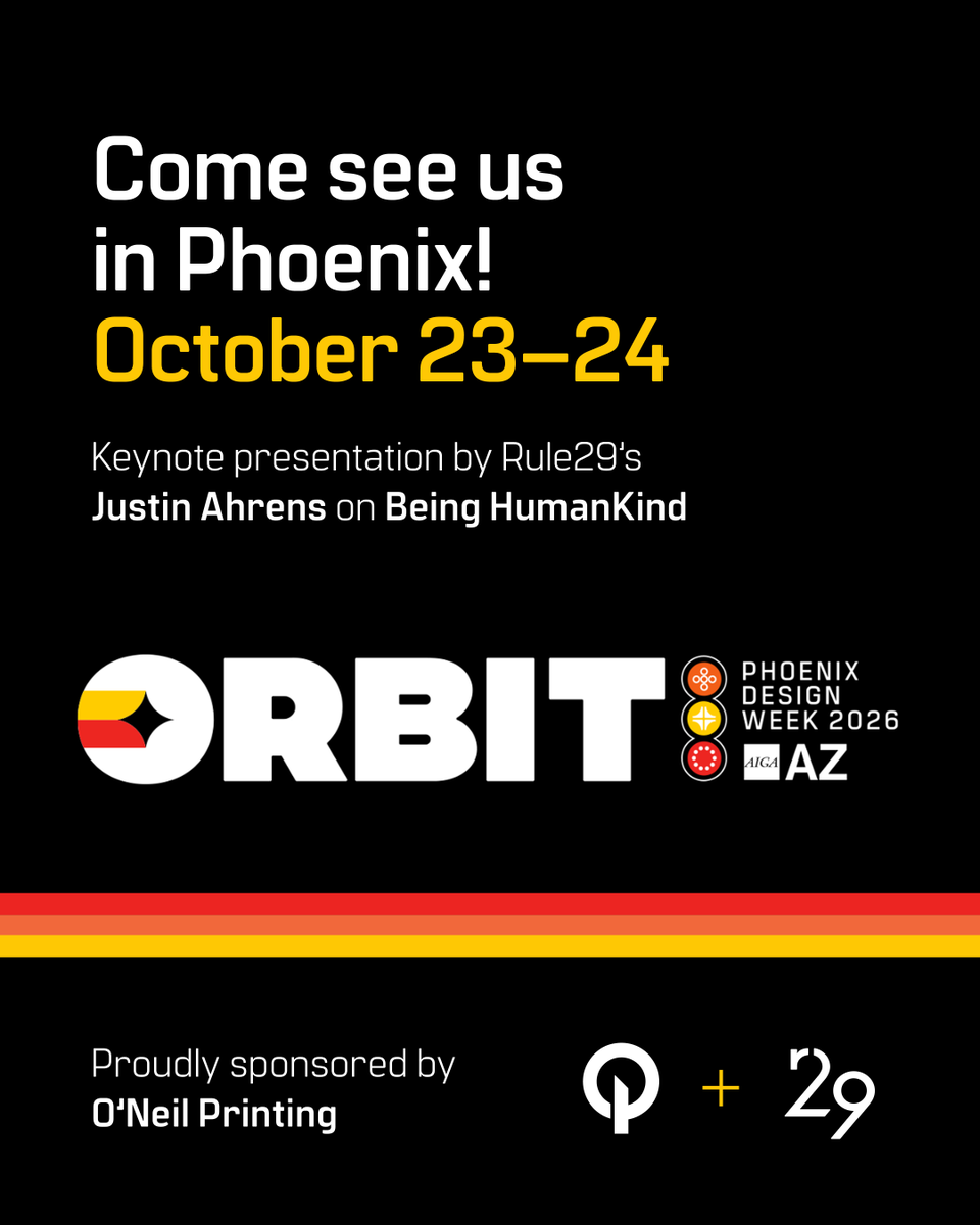 rule29's tweet photo. Phoenix Design Week is bringing the creative community together again, and we’re excited to be part of it.

@ONeilPrinting  is proud to support @AIGAaz  PHXDW 2026: ORBIT as a print sponsor, helping turn the event’s ideas and identity into a physical experience.

And Rule29 Chief Creative Officer @JustinAhrens will open the conference with a keynote built around Being HumanKind.

His talk will explore something we care deeply about at Rule29: as technology changes how we work and create, being human matters more, not less.

Creativity has always been about more than making things. It’s about curiosity. Empathy. Courage. Connection. And choosing to use what we make to have a positive impact on the people around us.

That feels like a pretty good way to kick off a gathering of designers and creative thinkers.

We’ll see you in Phoenix, October 23–24 🚀 sign up here https://t.co/hxgbWcV0ha

#PHXDW #PHXDW2026 #BeingHumanKind #MakingCreativeMatter #AIGAAZ hashtag#Design #Creativity #ONeilPrinting #Rule29