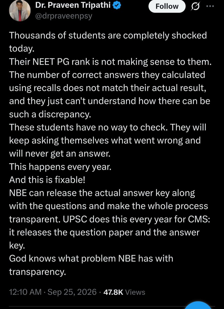 shwetachhabra13's tweet photo. NEET PG result 2026 - students demand release of answer key and question paper.
Discrepancy in result reported by MBBS qualified DOCTORS. https://t.co/Fyc7HGoxW3